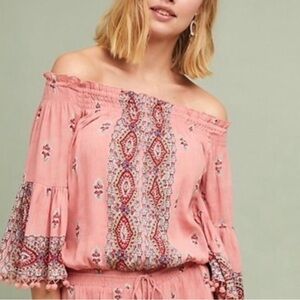 Anthropologie RAGA pink paisley butterfly Pom Pom sleeve bohemian peasant top